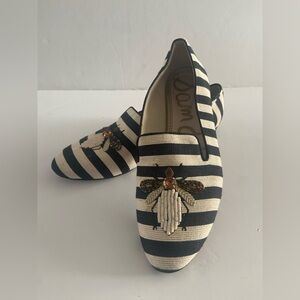 Sam Edelman Jill Striped Black and White Loafers with Embellished Insect Design.